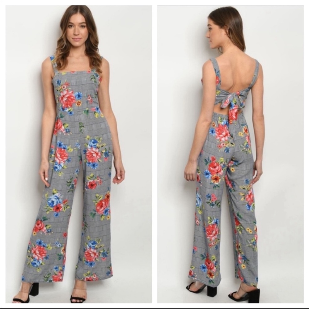 NWT PLAID FLORAL TIE BACK WIDE LEG JUMPSUIT